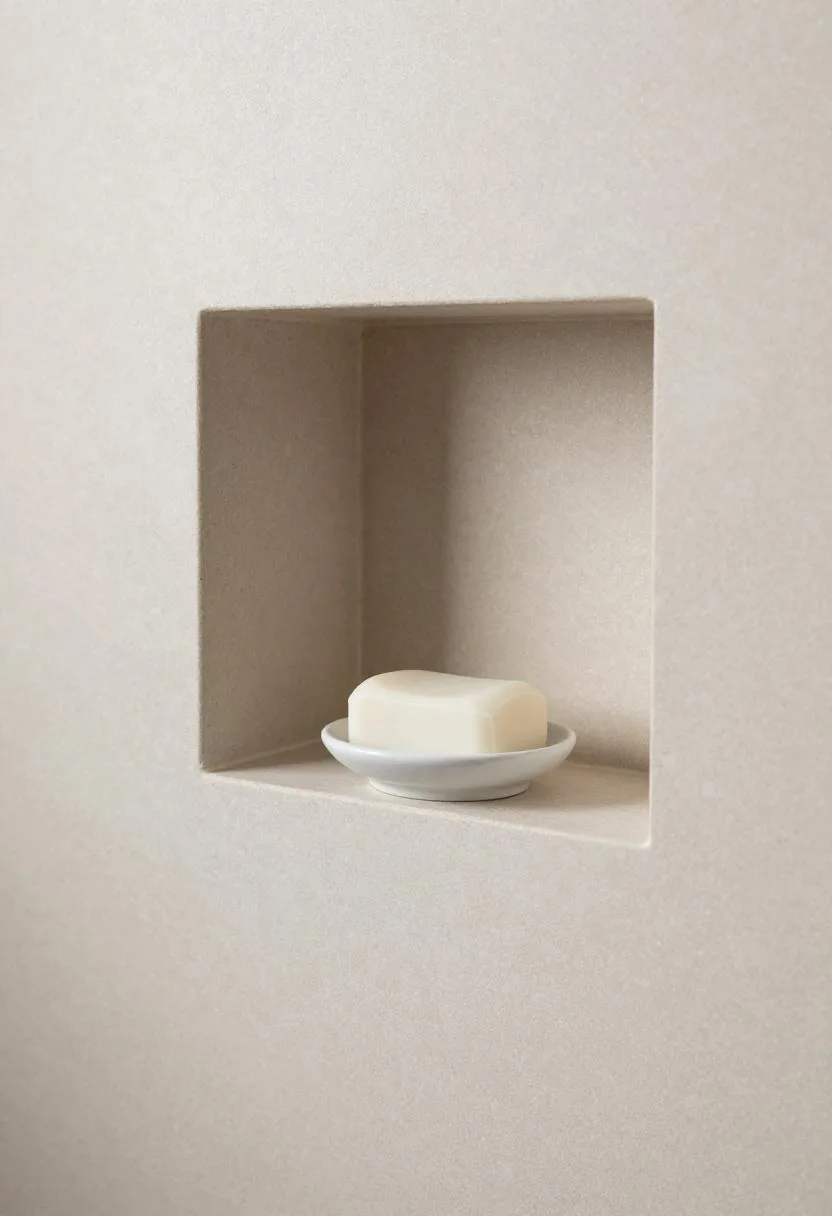 Limestone shower niche with a ceramic soap dish resting in soft diffused light