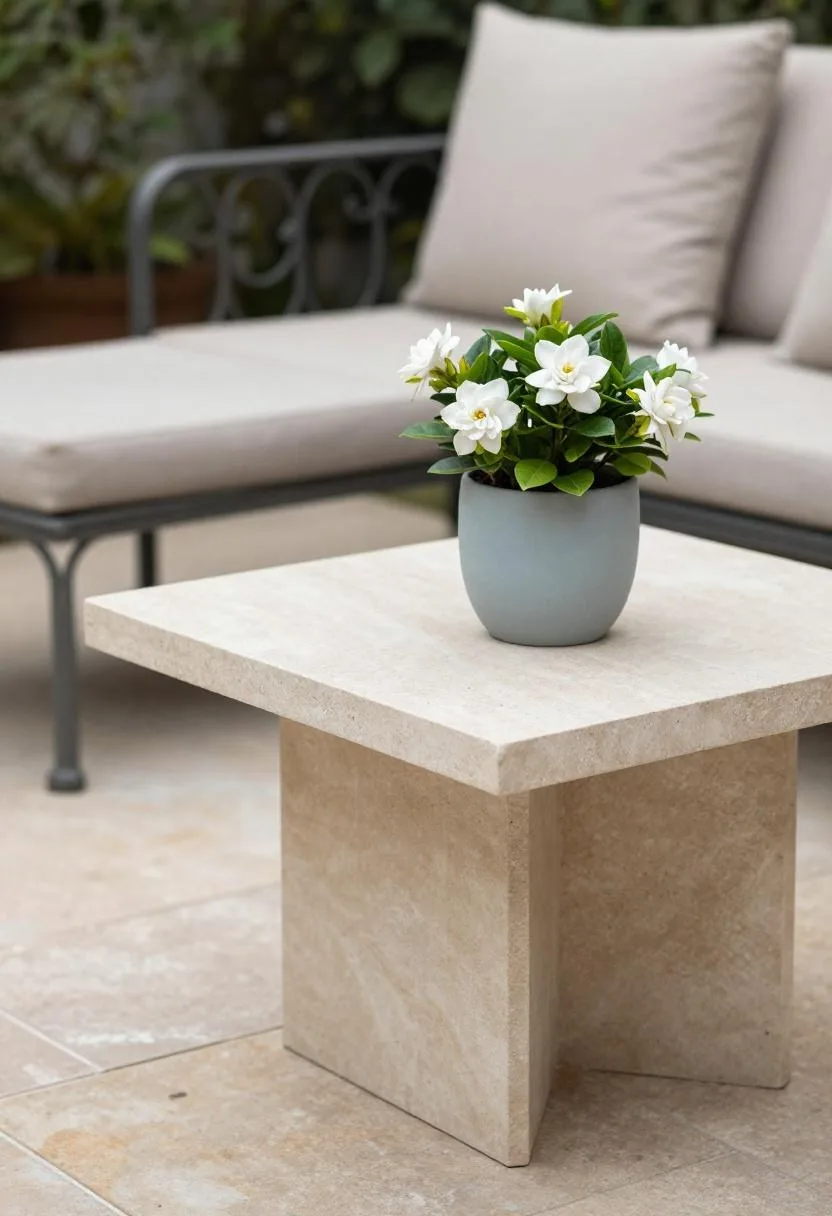 Limestone side table with pale blue-grey gardenia pot beside a wrought-iron loveseat on a morning garden terrace