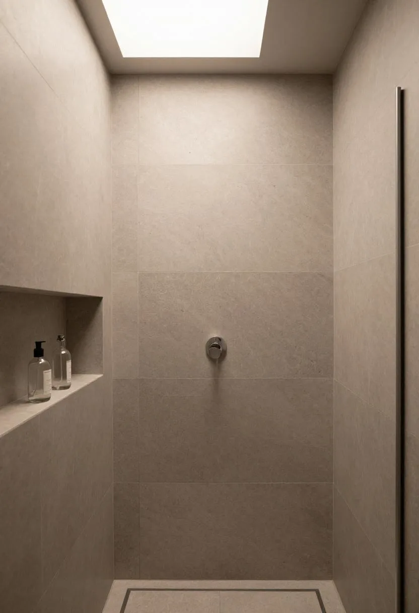 Warm gray limestone tile shower with a built-in niche shelf under a skylight