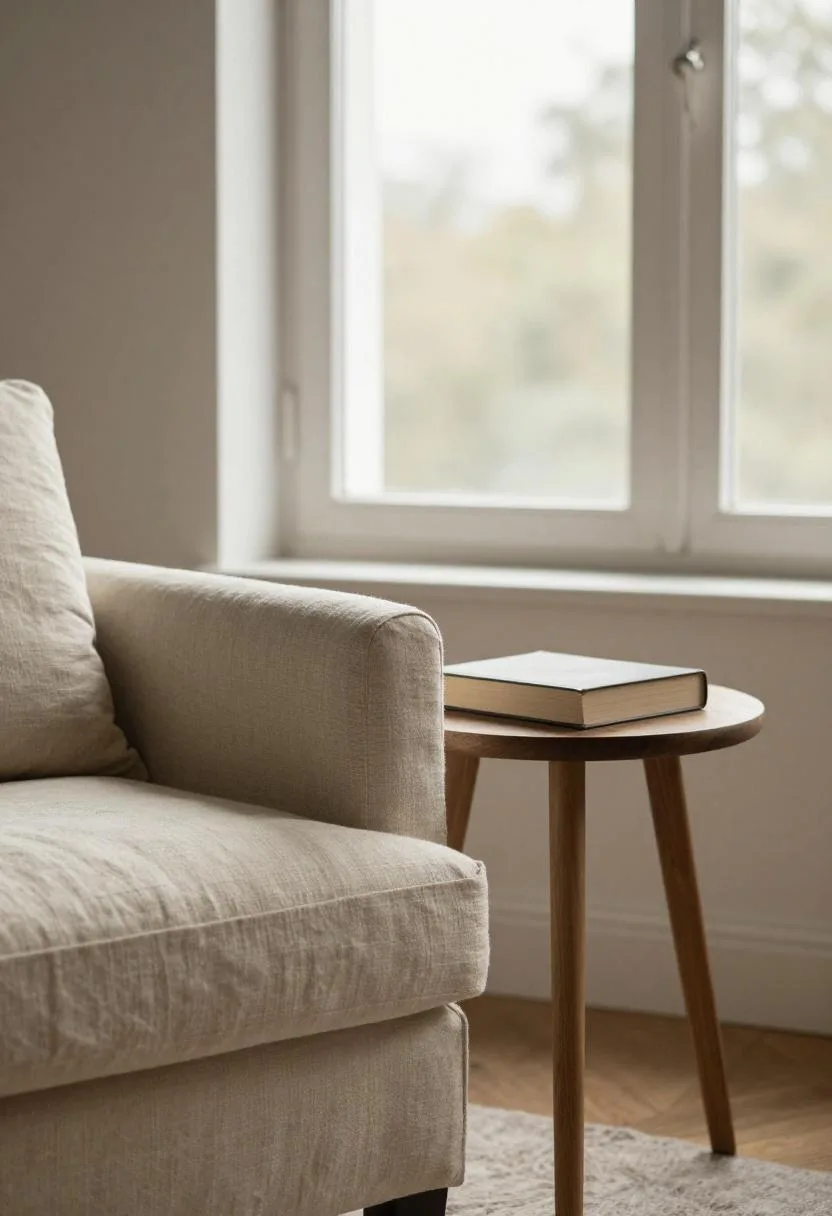 Natural linen armchair and oak side table reading corner in soft morning window light