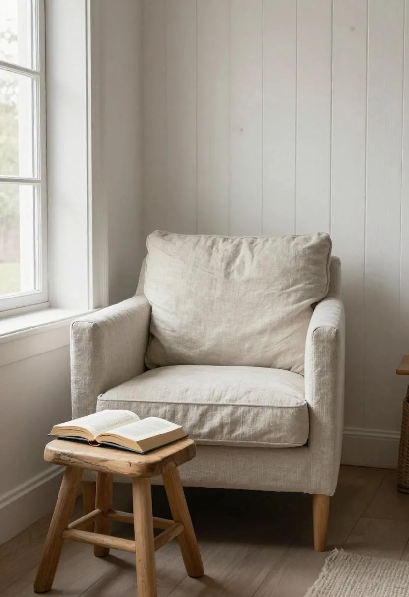 Linen armchair reading nook with a pine stool and open book in a whitewashed corner