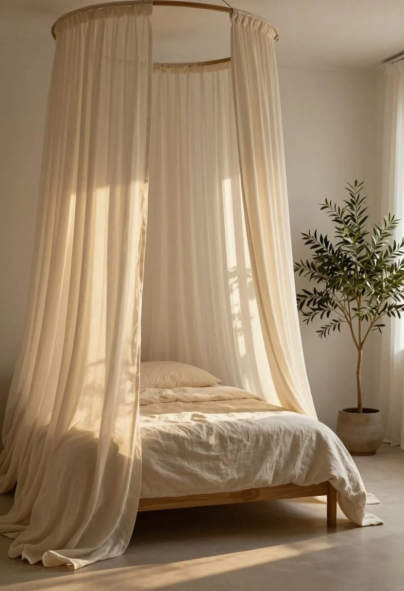 Linen canopy bed in a japandi room with golden-hour olive tree accent