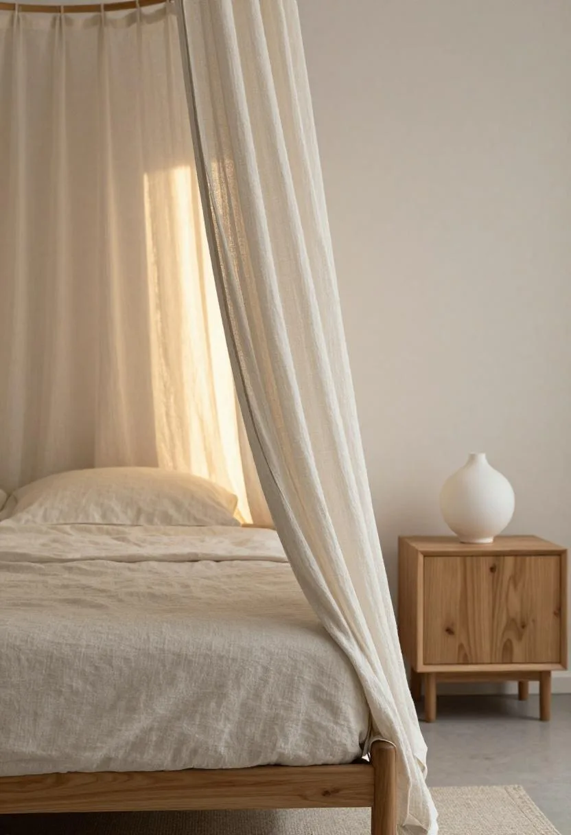 Linen canopy bed with soft sheer panels and a walnut nightstand in warm backlit bedroom light