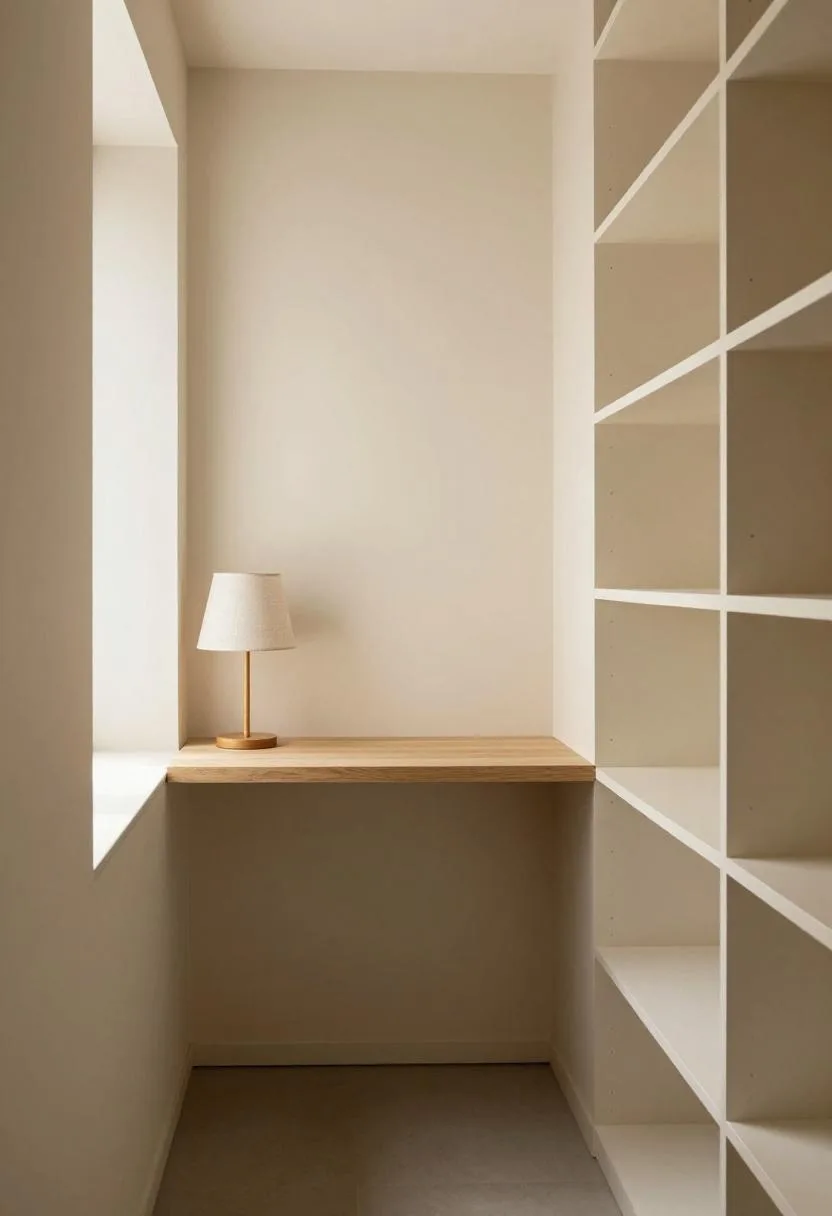Converted narrow linen closet home office with beech desk surface and warm linen table lamp on shelf
