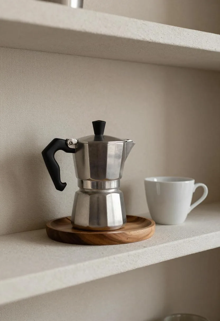 Soft linen coffee station shelf with stainless moka pot and white ceramic cup arranged on an oak wood tray