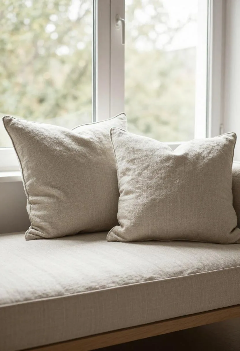 Linen grain-sack window seat with stacked pillows in bright afternoon daylight