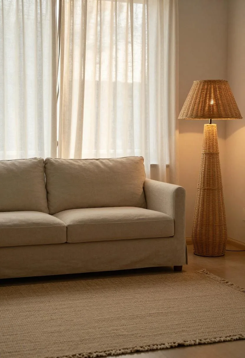Linen loveseat with a seagrass floor lamp on a hand-loomed cotton rug in warm backlight