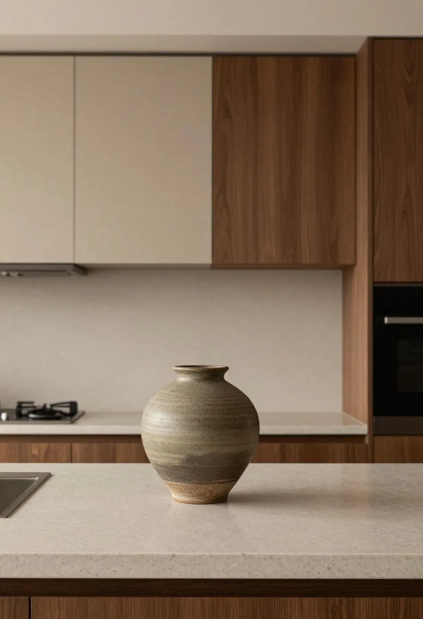 Linen matte upper cabinets and dark walnut lower cabinets bringing quiet Japandi contrast to a minimal kitchen