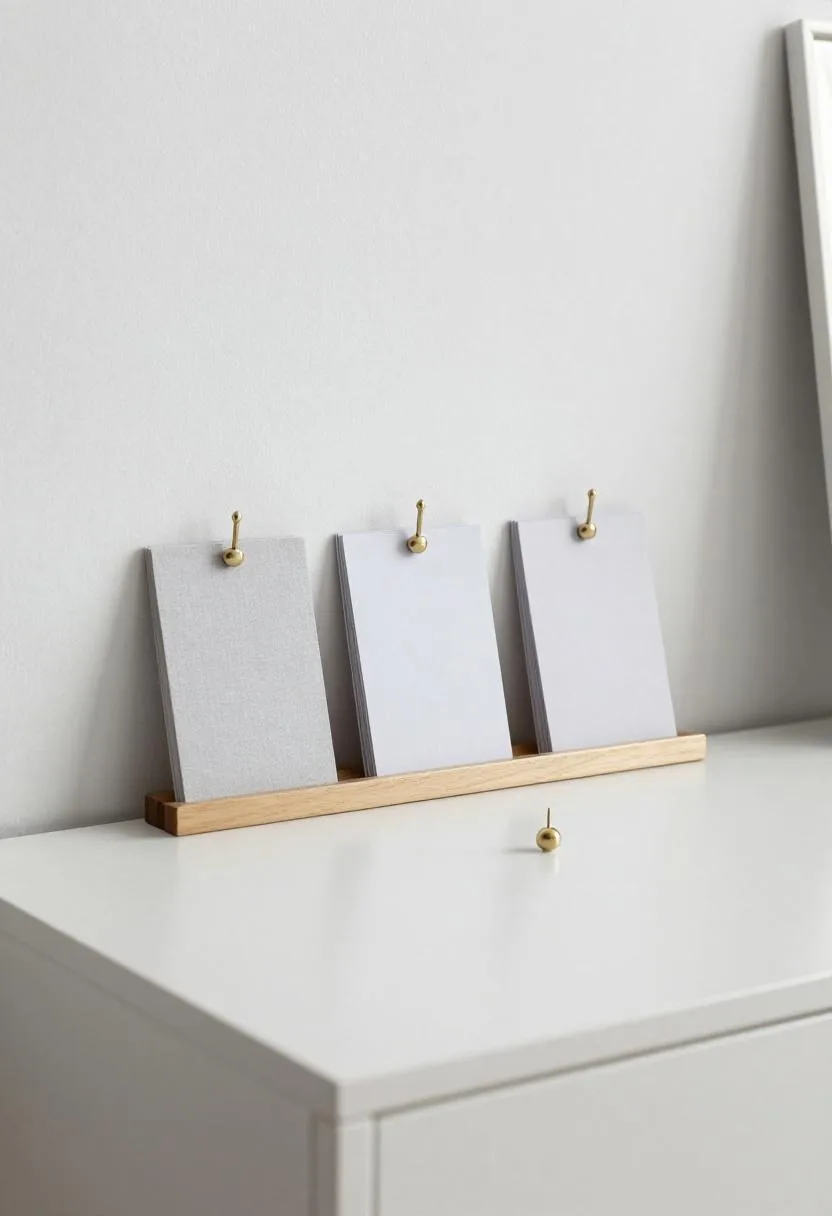 Linen pinboard with three index cards pinned above a desk with a brass pushpin resting below