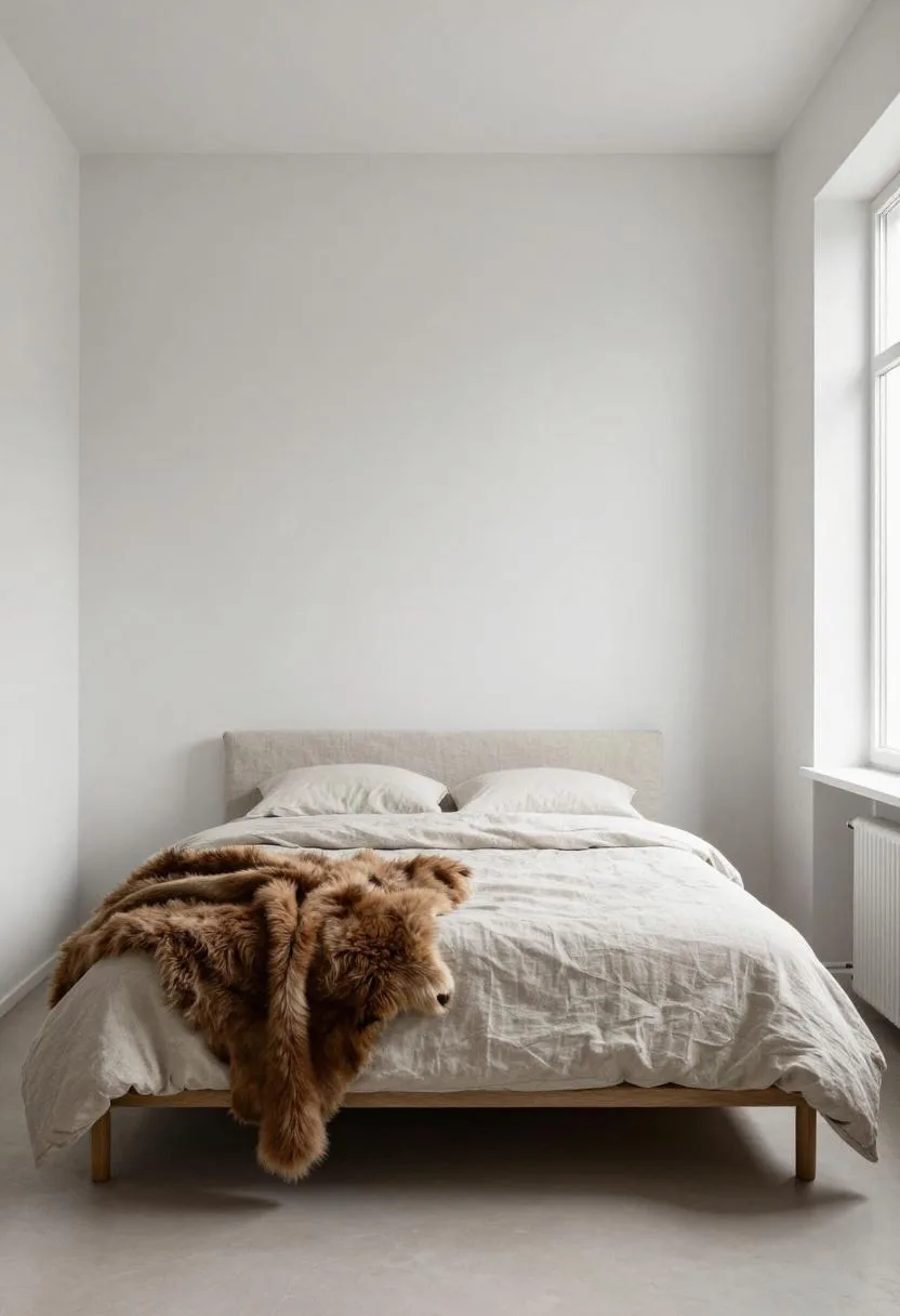 Linen-upholstered platform bed with medium-brown sheepskin in Scandinavian overcast light