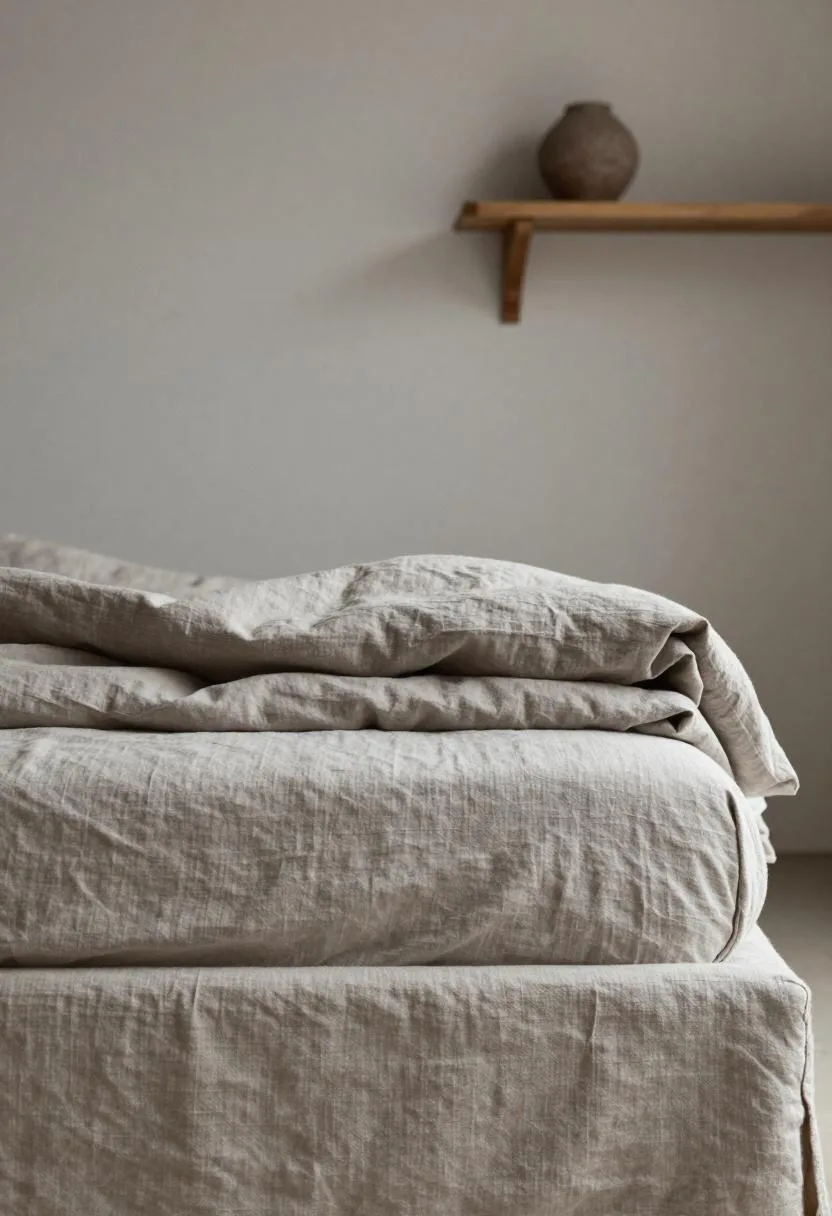 Linen-upholstered bed with a muted gray quilt and a minimalist wall-mounted oak shelf detail