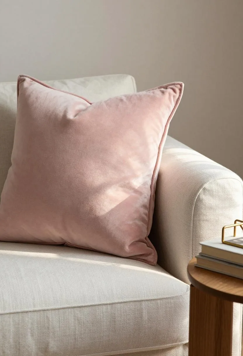 Living room sofa corner with blush velvet pillow and brass bookend holding linen-covered books in golden light