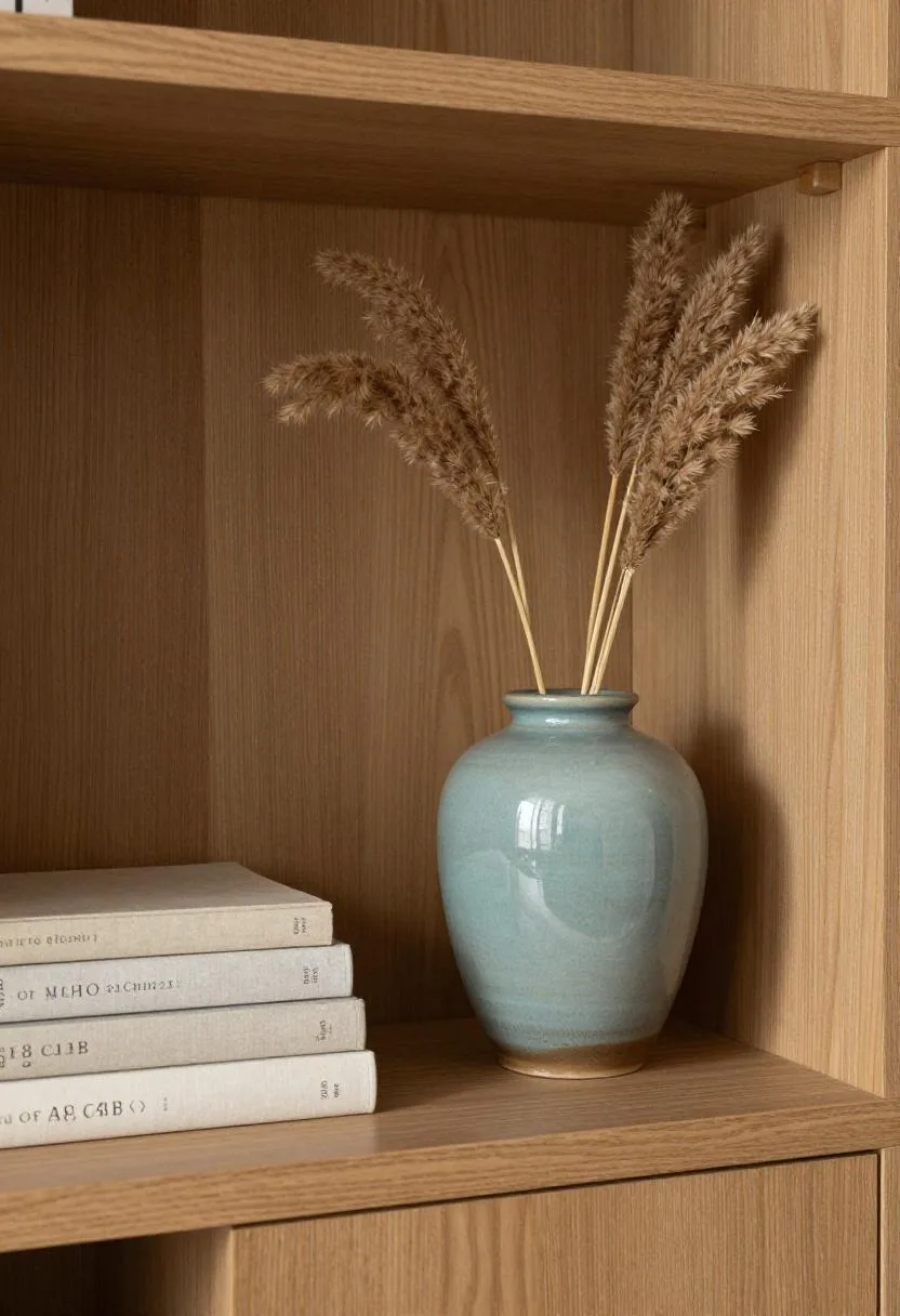 Interior design - living room bookshelf teal vase pampas grass linen books