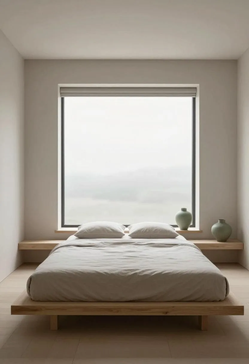 Low ash platform bed centered under the window with a sage green ceramic accent bringing calm color to the bedroom zone