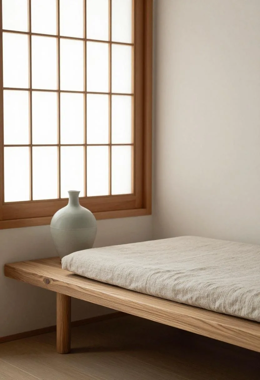 Low oak bench with linen cushion and ceramic floor vase in a Japandi living room corner
