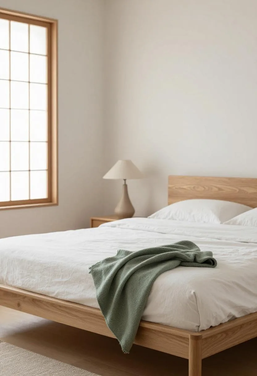 Low oak Japandi platform bed with sage green wool throw and shoji screen morning light glow
