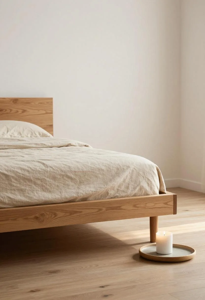 Low oak platform bed with beige linen bedding and a slate tray on a walnut nightstand in golden japandi light