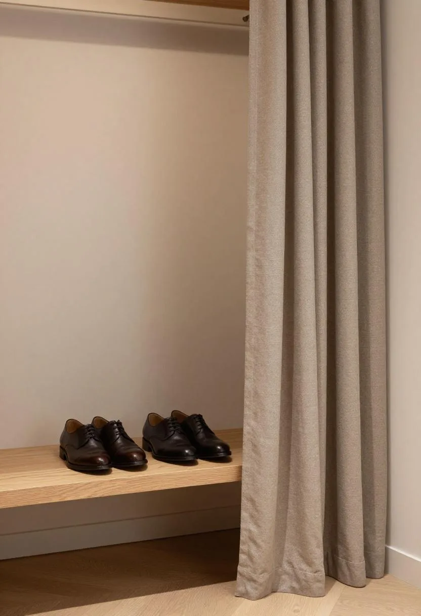 Low oak shoe bench positioned in a closet corner with leather shoes arranged beneath and a taupe linen curtain alongside