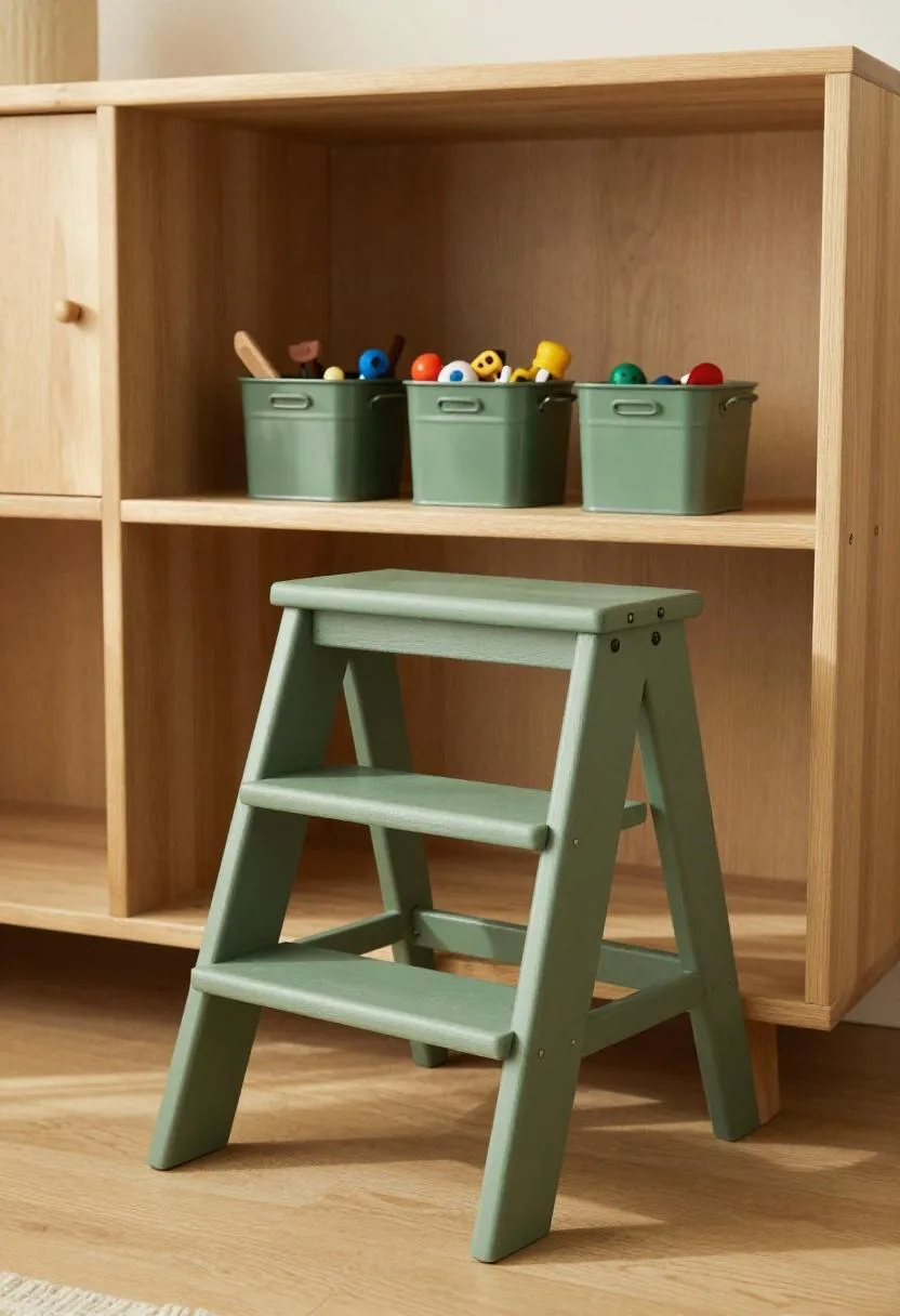 Low pine shelf with forest green metal bins beside a sage step stool for child reach