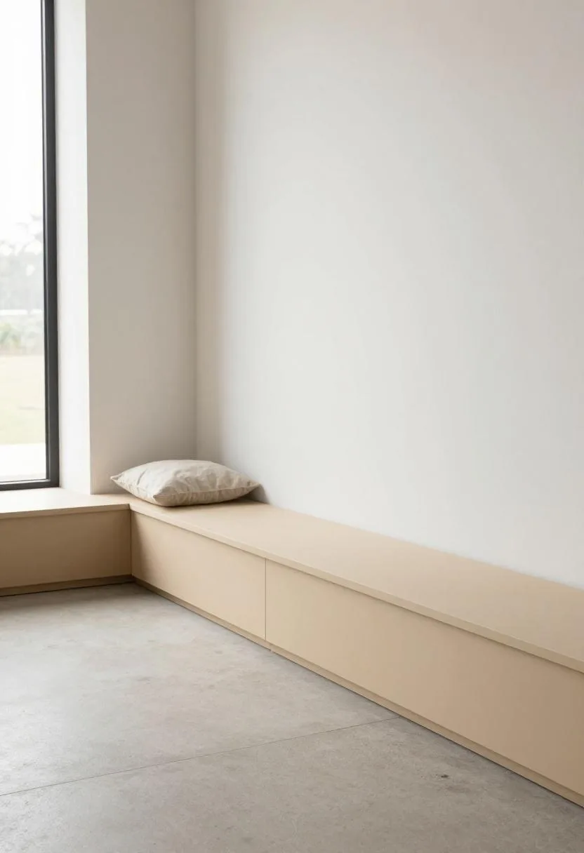 Low-profile beige baseboard in a minimalist living room creating seamless architectural flow between wall and concrete floor