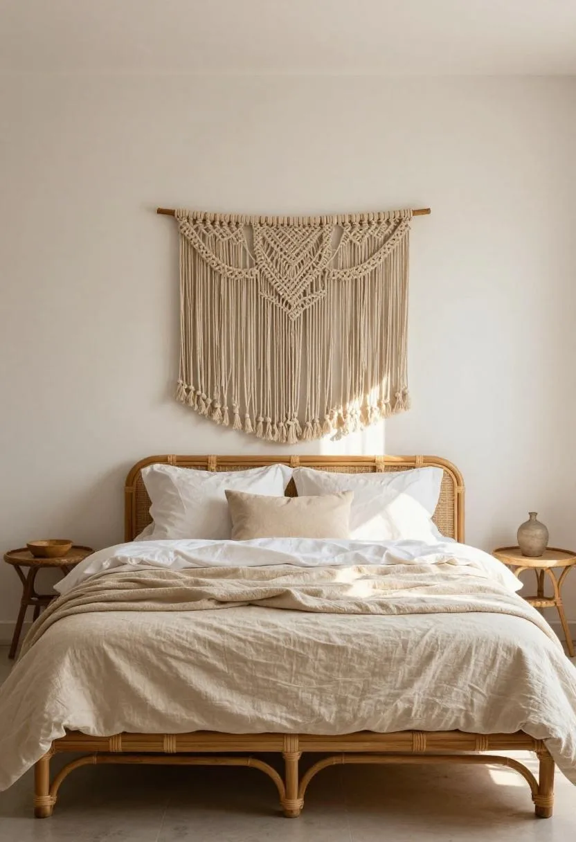 Low rattan bed with sandy linen layers and jute macramé wall panel in warm afternoon sun