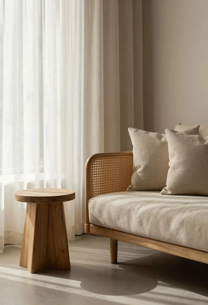 Low rattan sofa with sandy beige cushions beside a pine side table under soft overcast light