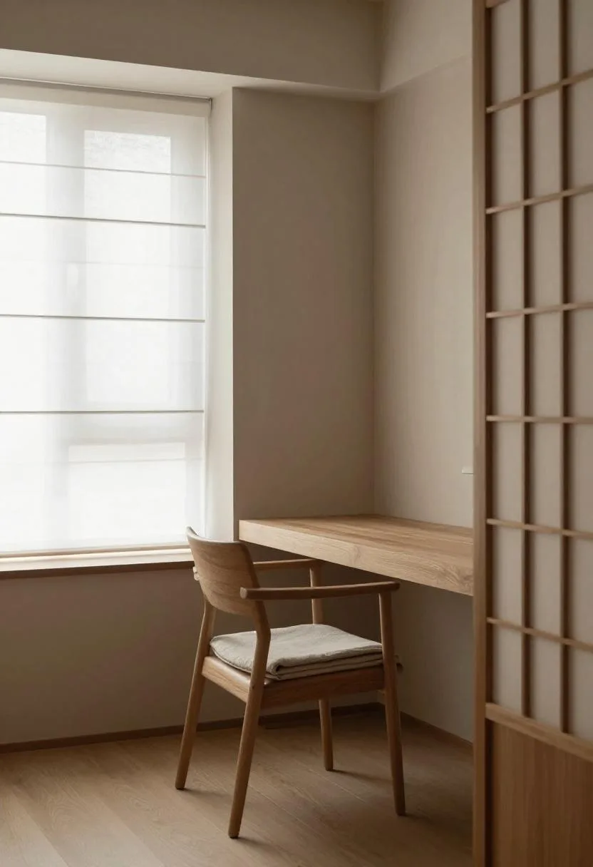 Low teak floor chair beside a shoji screen in a serene Japandi workspace