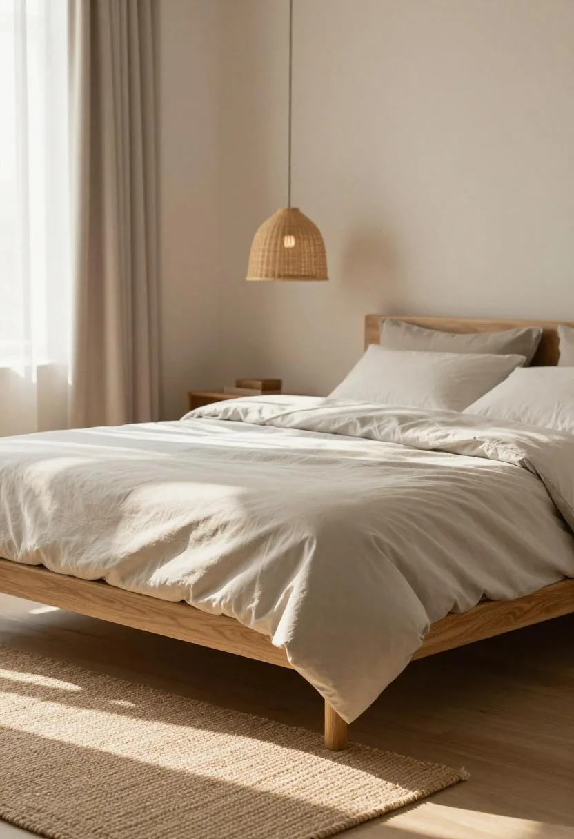 Low teak platform bed with sage cotton bedding layers under a hanging rattan pendant lamp