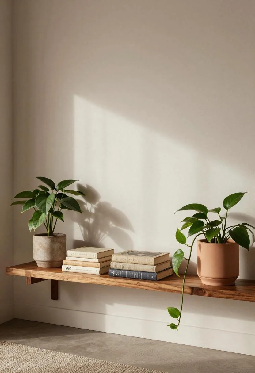 Low teak shelf with stacked linen-covered books, a peach ceramic pot, and a trailing pothos plant in a warm bohemian living room
