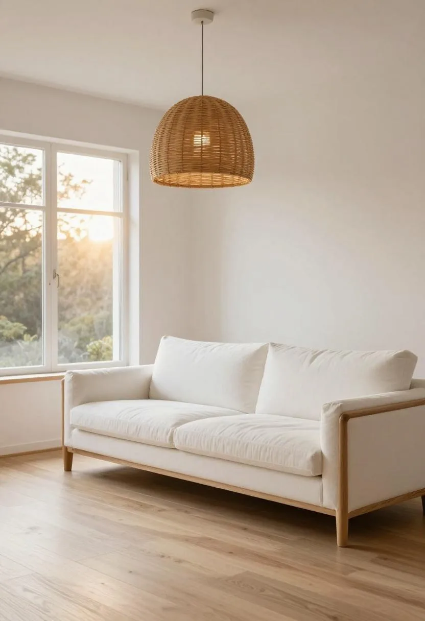 Low walnut sofa in crisp white cotton upholstery beneath a large rattan pendant light on pale oak floors at golden hour