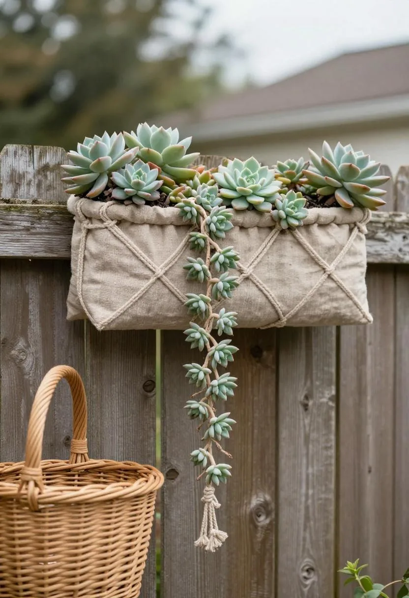Taupe macramé pocket planter wall on a cedar fence displaying trailing succulents in soft diffused light