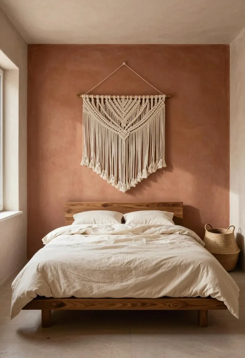 Interior design - macrame wall hanging terracotta plaster walnut bed