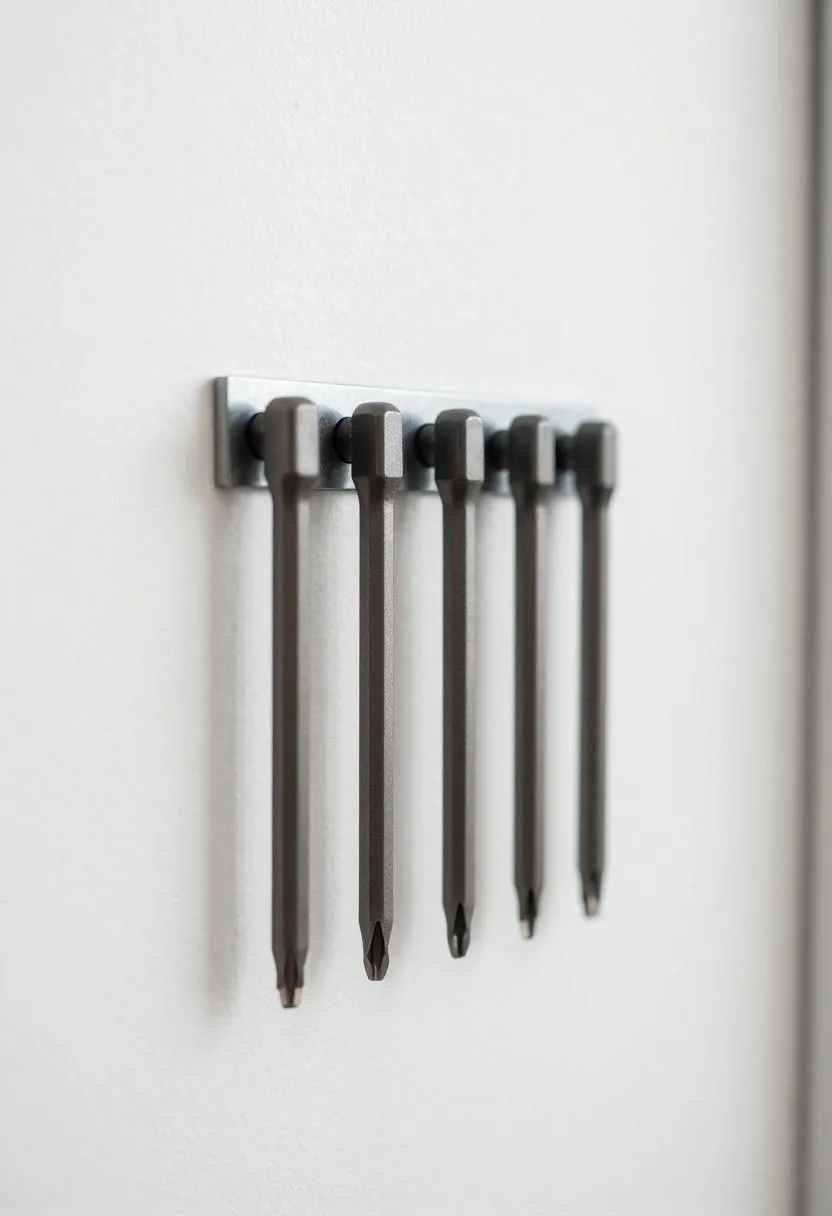 Wall-mounted silver-gray laminate cabinet with brushed nickel hardware concealing stored items