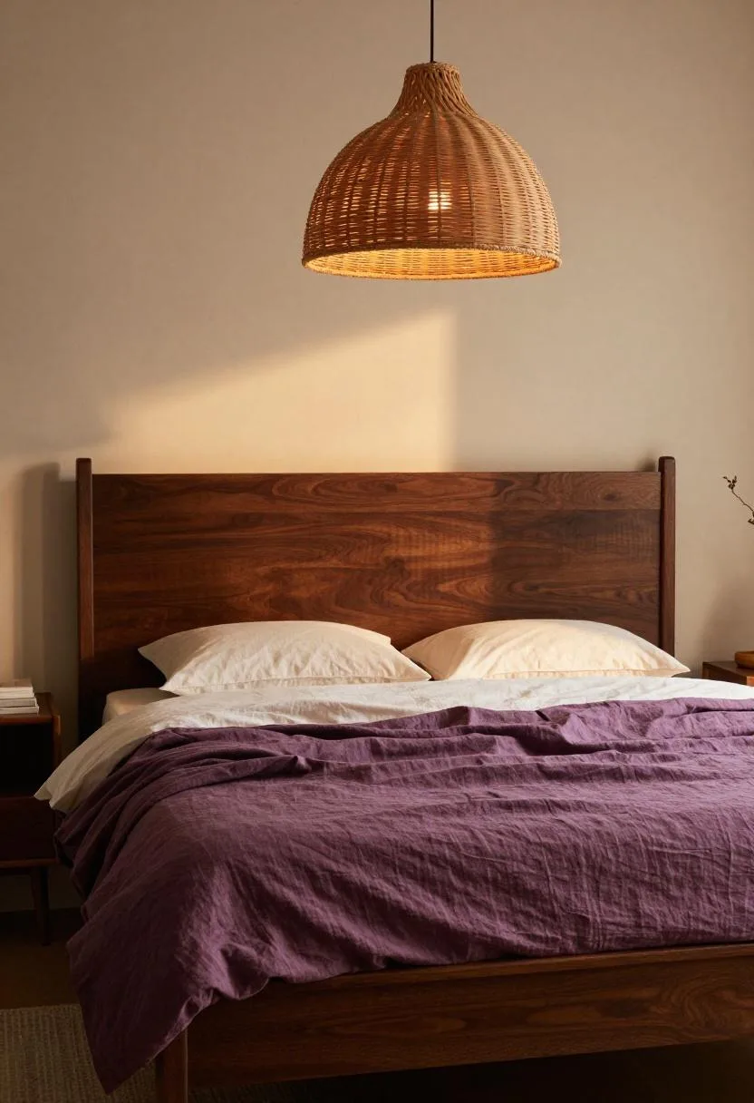 Thrifted mahogany bed frame in dark chocolate stain paired with a plum linen duvet and terracotta pendant lamp