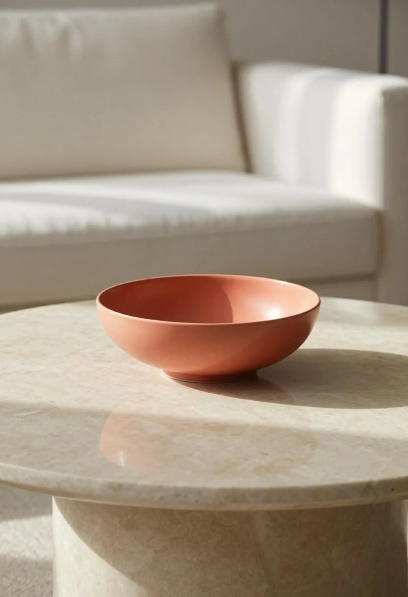 Marble coffee table with a warm coral ceramic bowl as the focal point in soft afternoon light