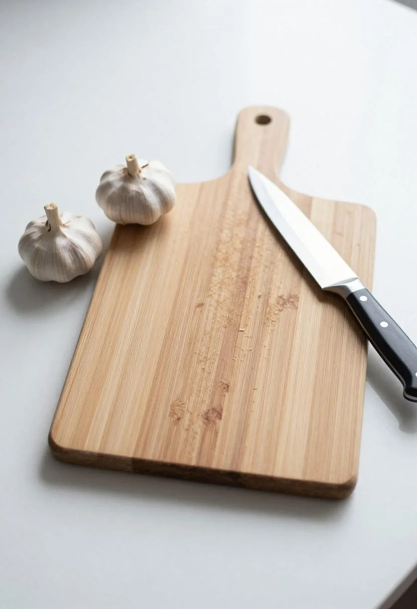 White marble kitchen counter with oak cutting board, garlic bulb, and a chef's knife arranged naturally