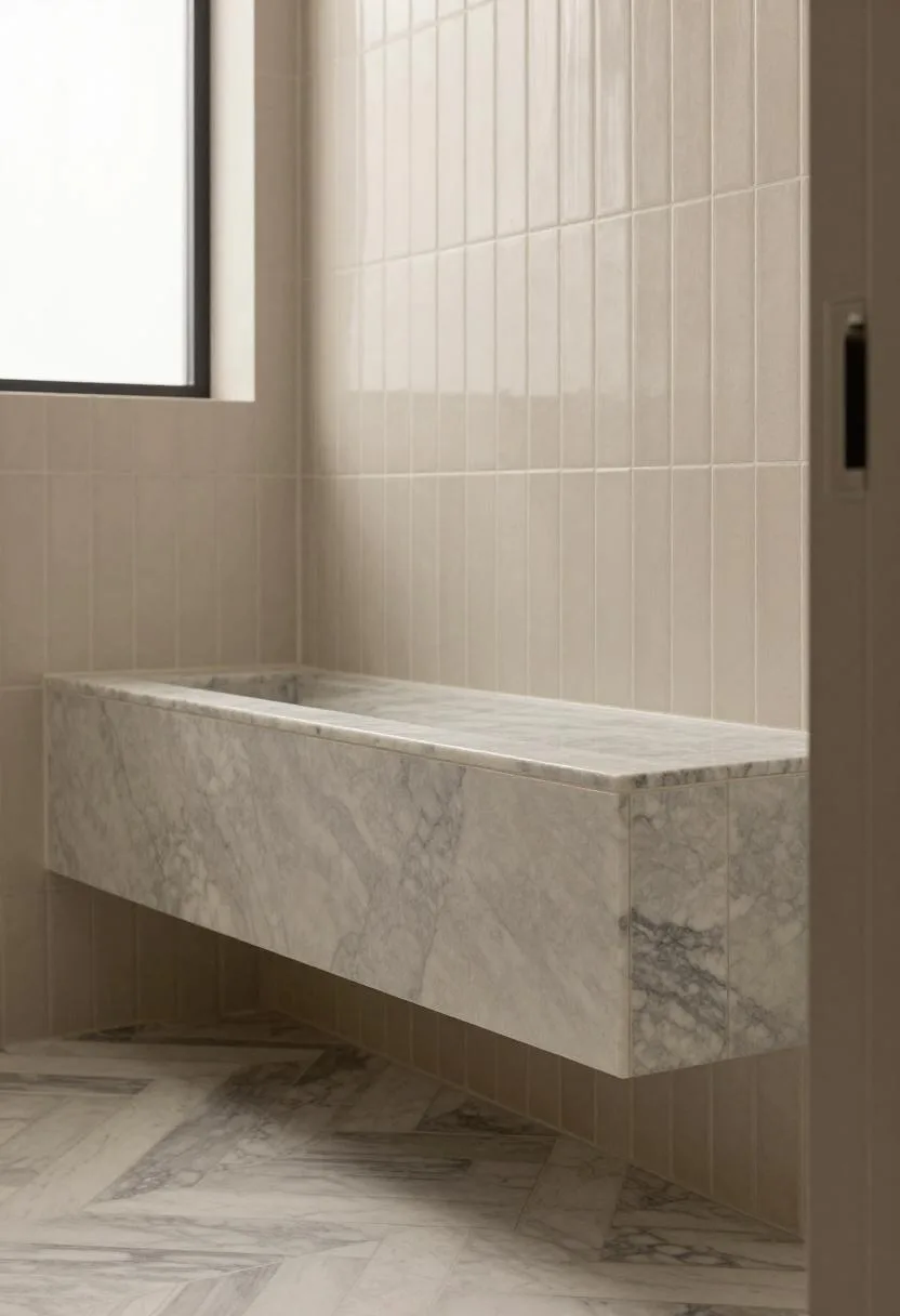Stepped marble-inlay baseboard trim in a Neo Deco bathroom where tile meets floor in architectural elegance
