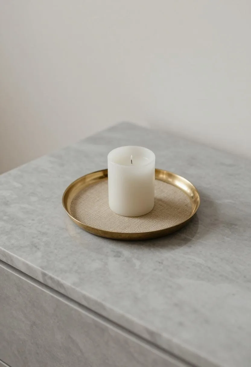 Overhead view of a marble nightstand surface with a linen-lined tray and brass taper candle holder