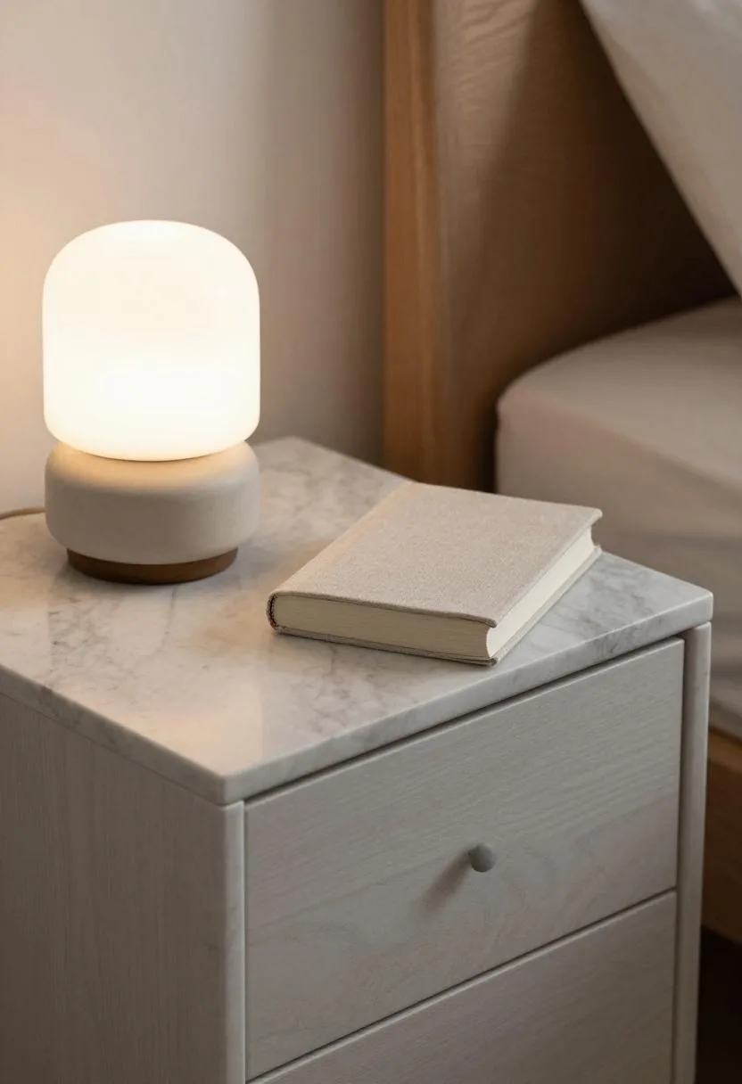 Marble-topped oak nightstand with soft white ceramic lamp and linen-covered book in morning light