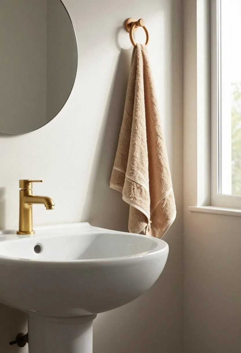 White marble pedestal sink with a warm unlacquered brass faucet and a cotton hand towel hanging on a teak ring mount