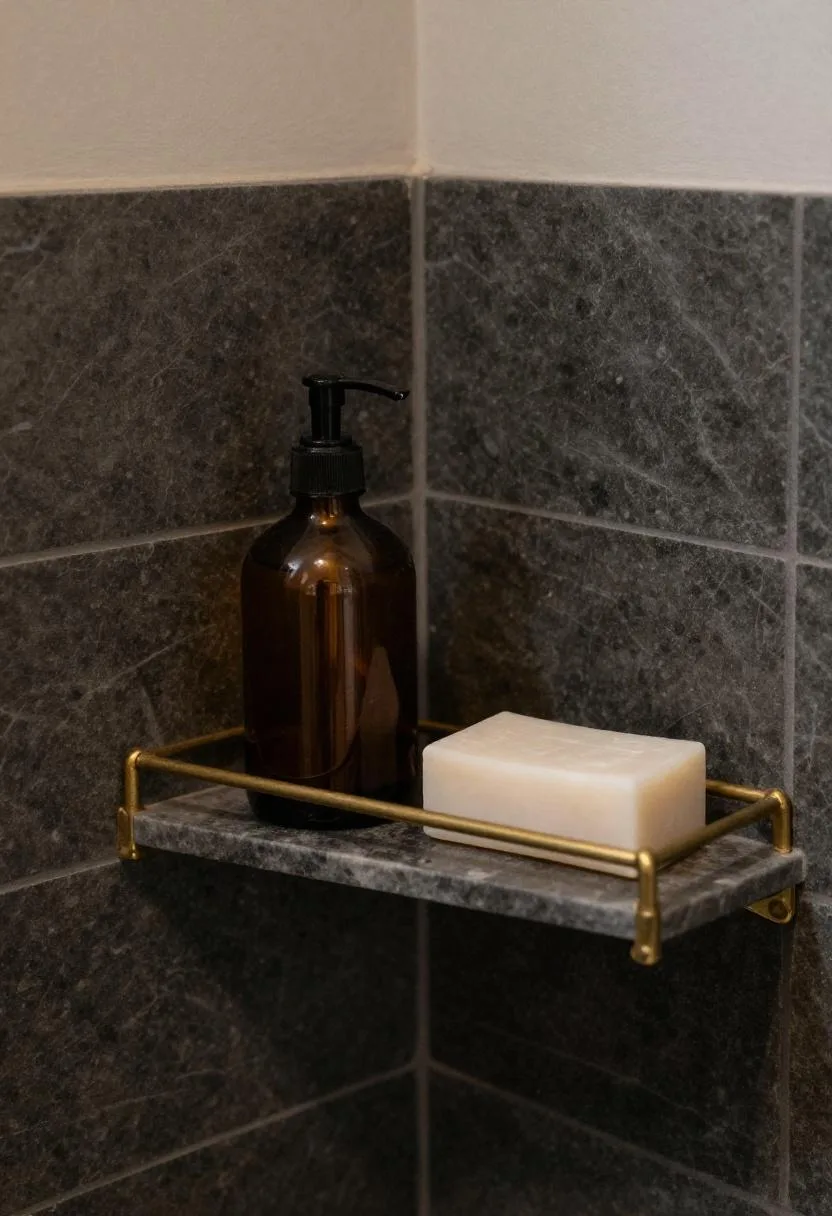 Marble shower niche with aged brass bracket, amber glass bottle, and dark slate tile surround
