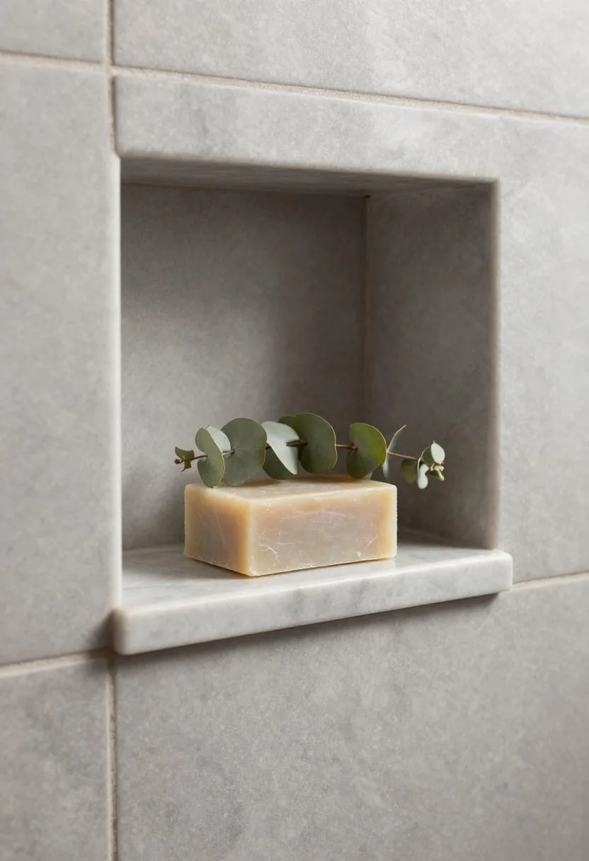 Recessed marble shower niche with soap and eucalyptus bundle on slate tile wall