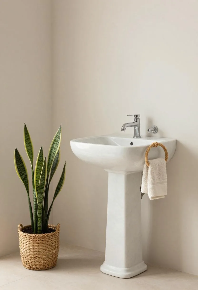 Marble pedestal sink with a rattan towel ring and a snake plant in a woven rattan pot in a bohemian bathroom