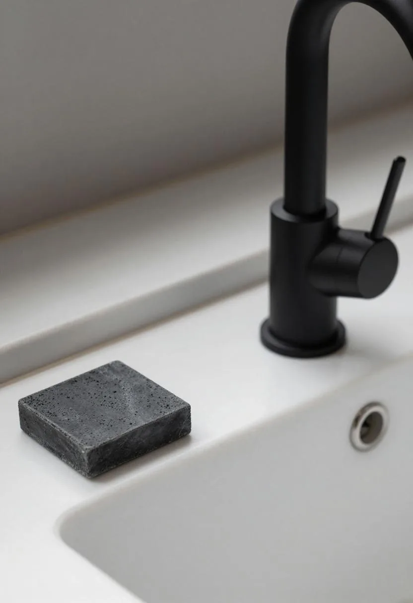 Matte black faucet arching over a white marble vessel sink with a charcoal concrete soap bar resting beside it