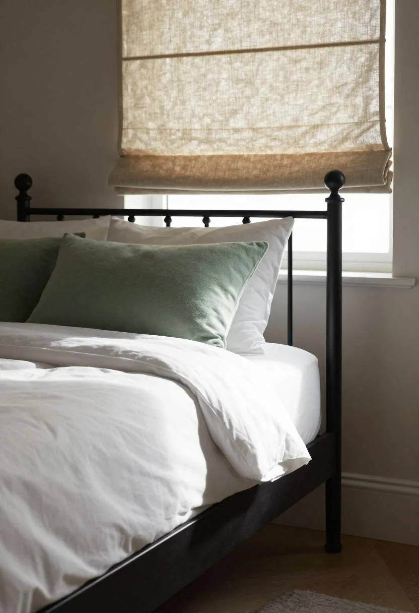 Matte black iron bed frame with sage green wool pillow and linen Roman shade
