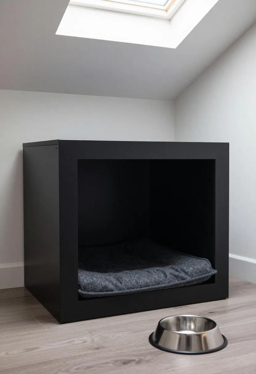 Matte black framed pet nook built beneath the stairs with a soft felt cushion and a steel water bowl