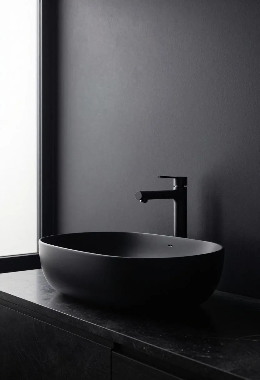 Matte black vessel sink on a honed black marble shelf with a wall-mounted black faucet