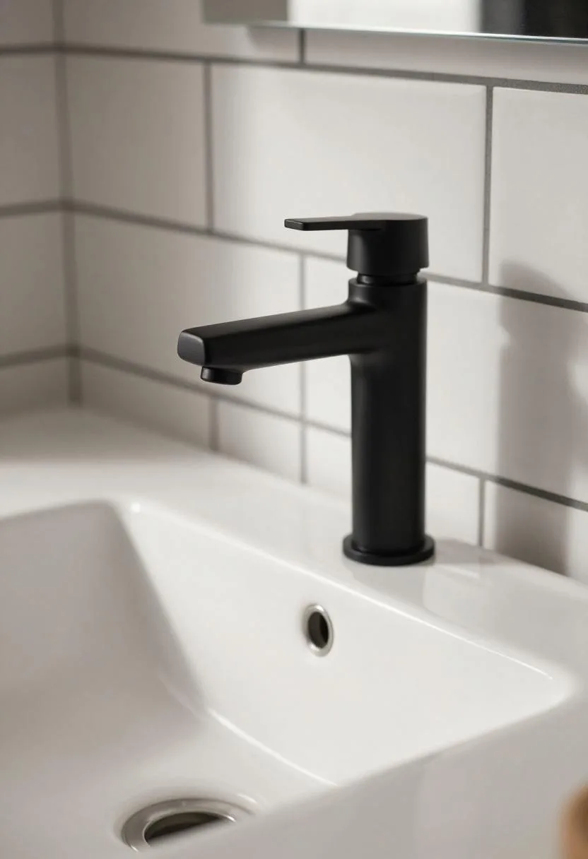 Matte black wall-mounted faucet over white porcelain sink against dark-grouted subway tile