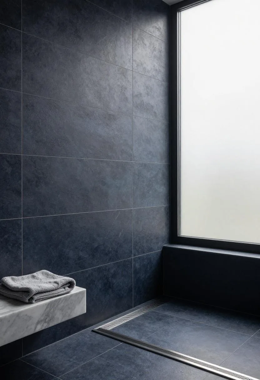 Minimalist shower clad in matte dark navy large-format ceramic tiles with brushed silver linear drain
