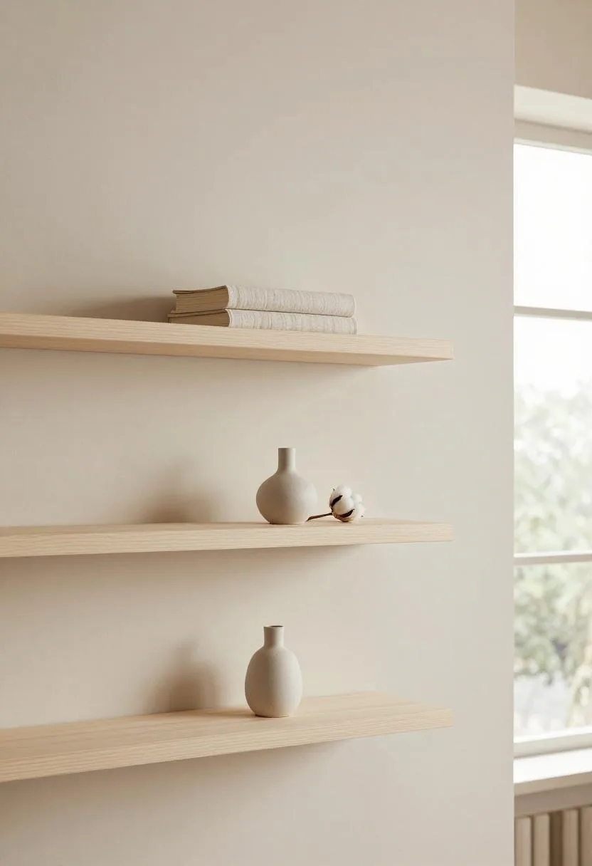 Maximalist-minimal bedroom pine floating shelves with linen journal and dried cotton stem arrangement